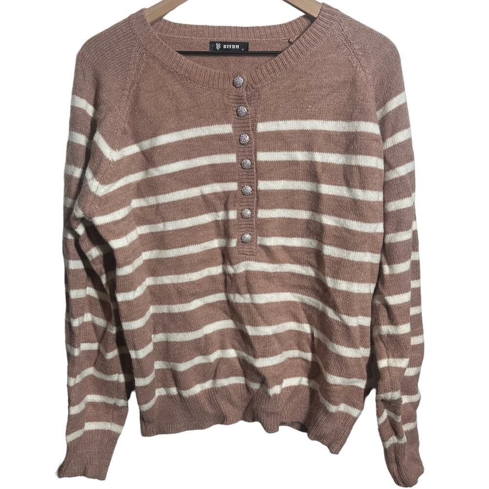 BTFBM Women's Pink White Striped Quarter Button Sweater Size Medium Valentine's